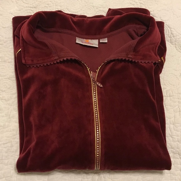 QF maroon velour long sleeved zip-up collared jacket with rhinestone zipper (2X) - Picture 1 of 16